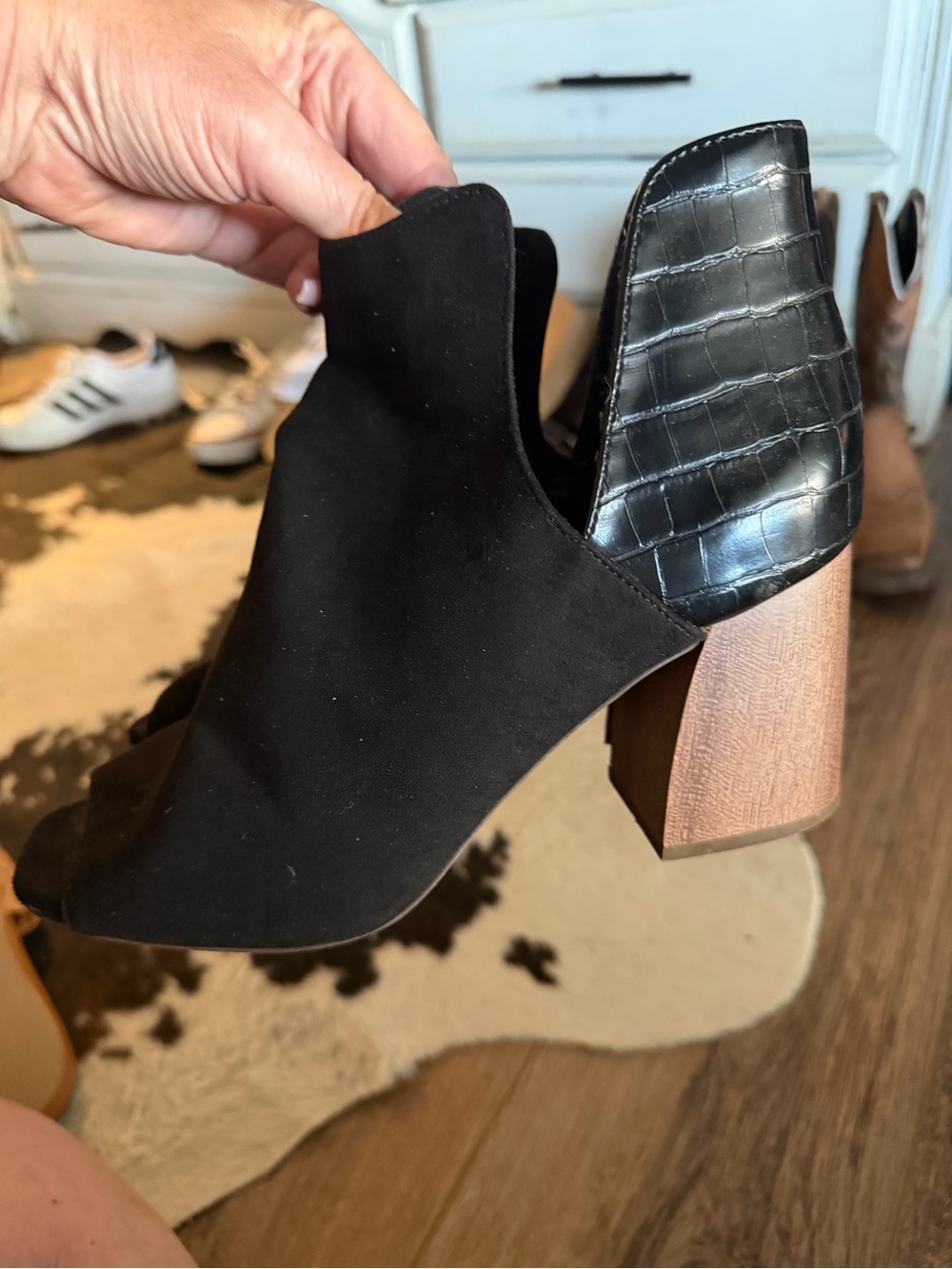 Qupid Black Suede Peep-Toe Block Heel Booties